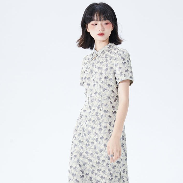 New Chinese style slim waist button floral dress