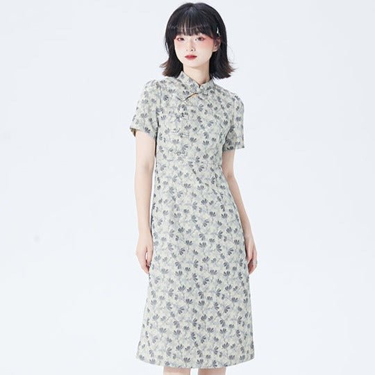 New Chinese style slim waist button floral dress
