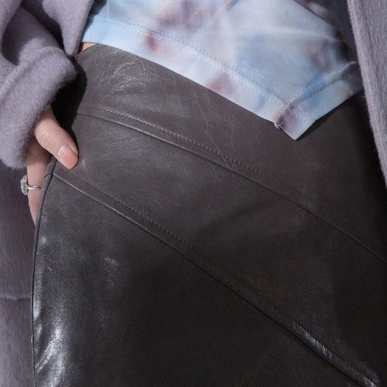 Oak dog gray brown leather split long skirt