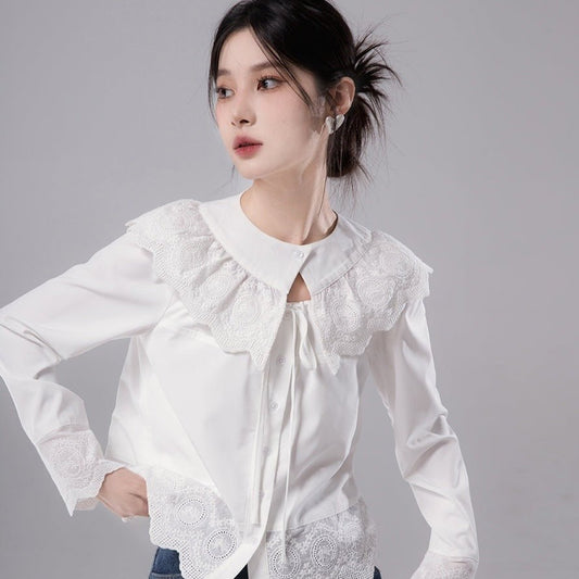 Pearl White Decorative Collar Shirt Long Sleeves