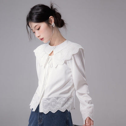 Pearl White Decorative Collar Shirt Long Sleeves