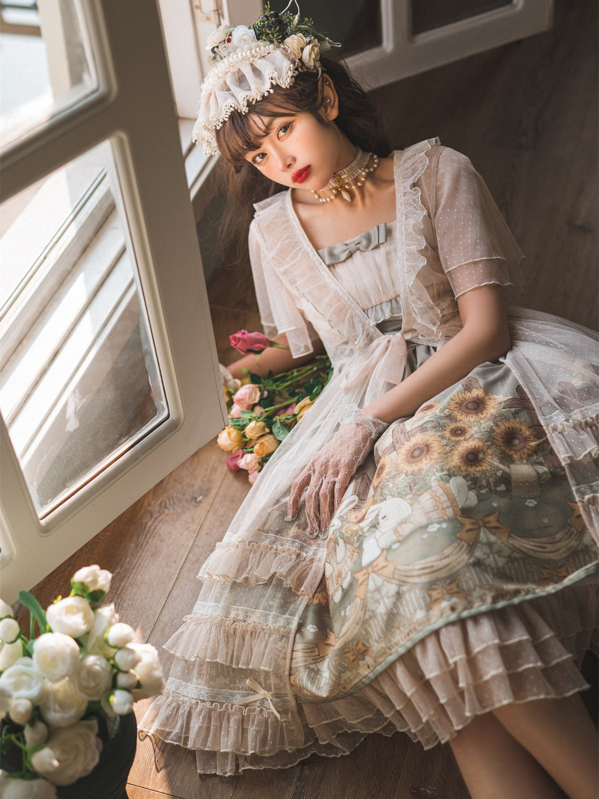 Garden sunflower jumper skirt ＆ polka dot ruffle veil – remulia