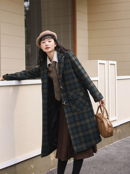 Dark green plaid retro wool coat