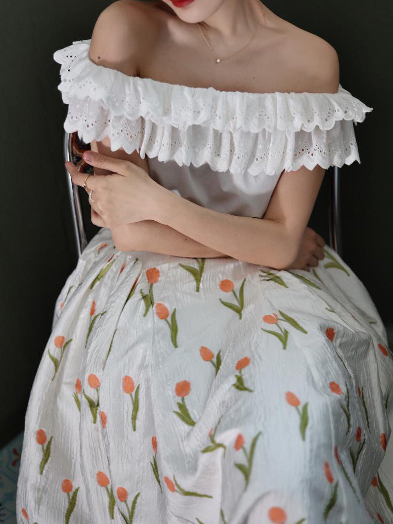 橙色の花柄ハイウエストスカート