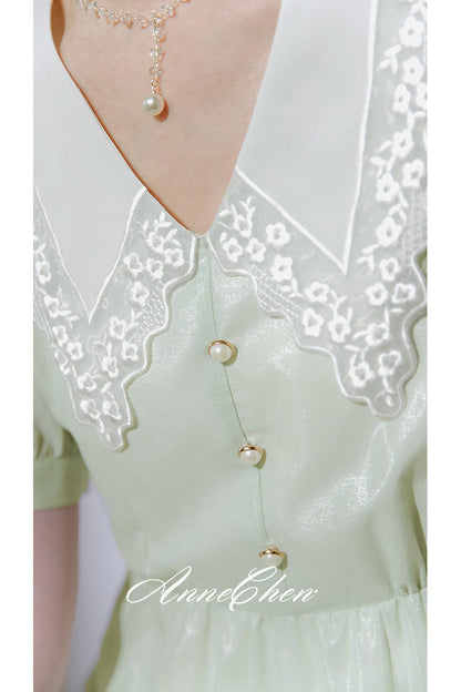 薄緑の刺繍襟フレンチワンピース