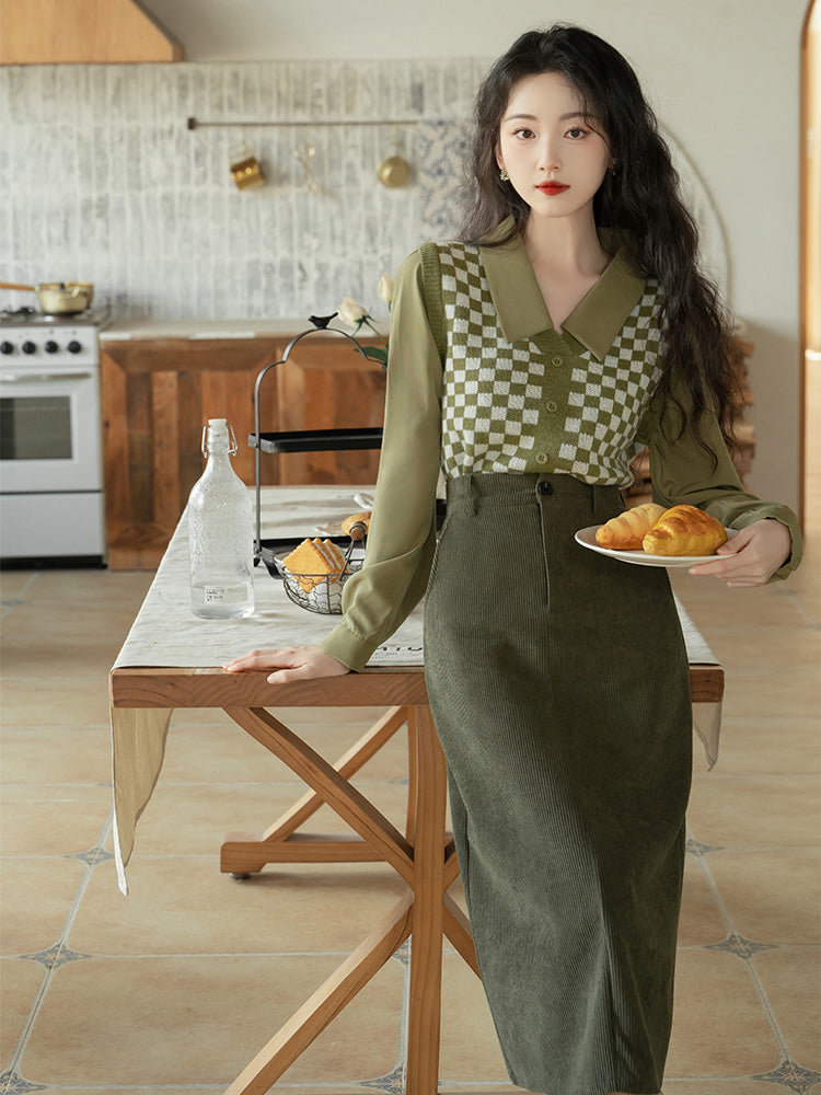 Gray-green plaid vest blouse and corduroy skirt – remulia