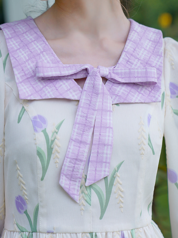 藤紫の花と麦の穂刺繍ワンピース