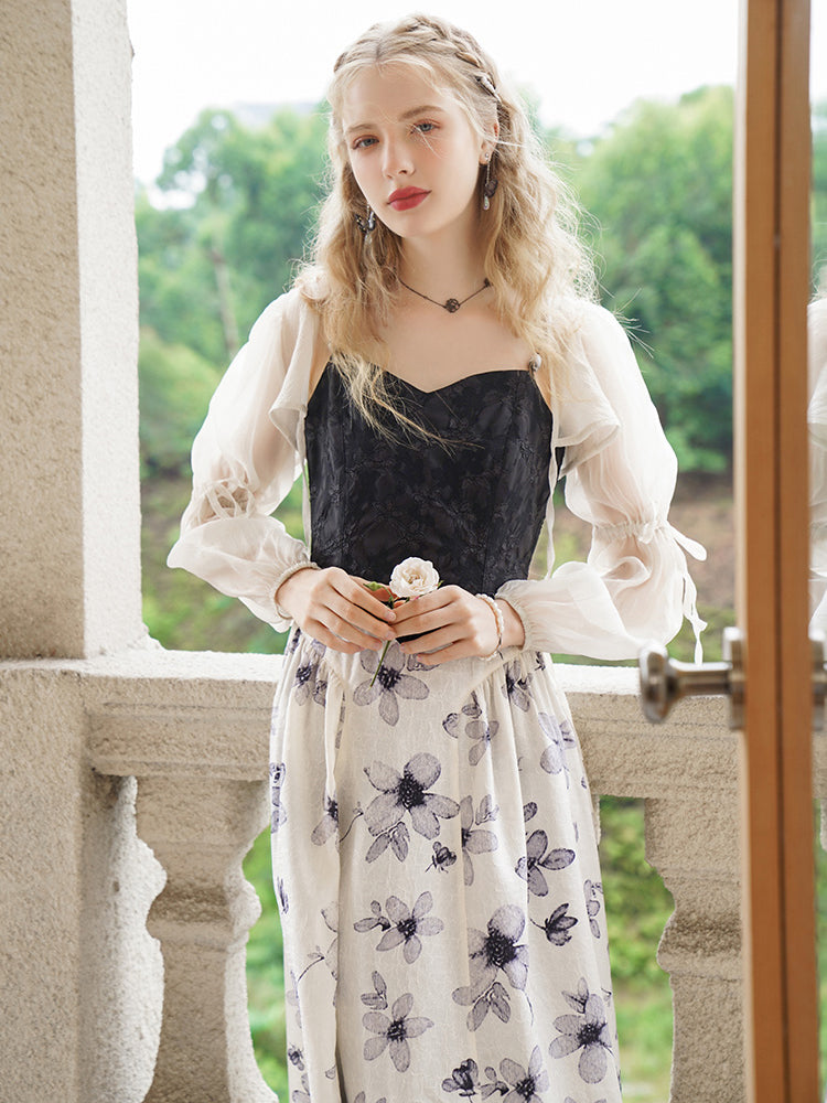 Ink painting flower pattern camisole dress and chiffon bolero