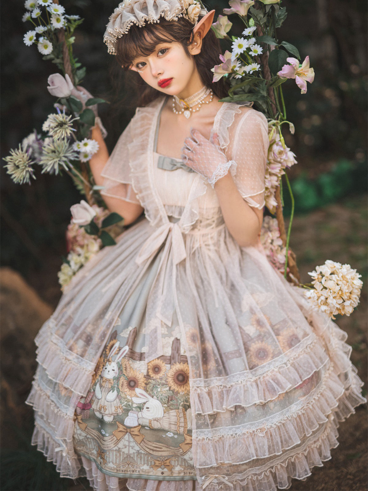 Garden sunflower jumper skirt ＆ polka dot ruffle veil – remulia