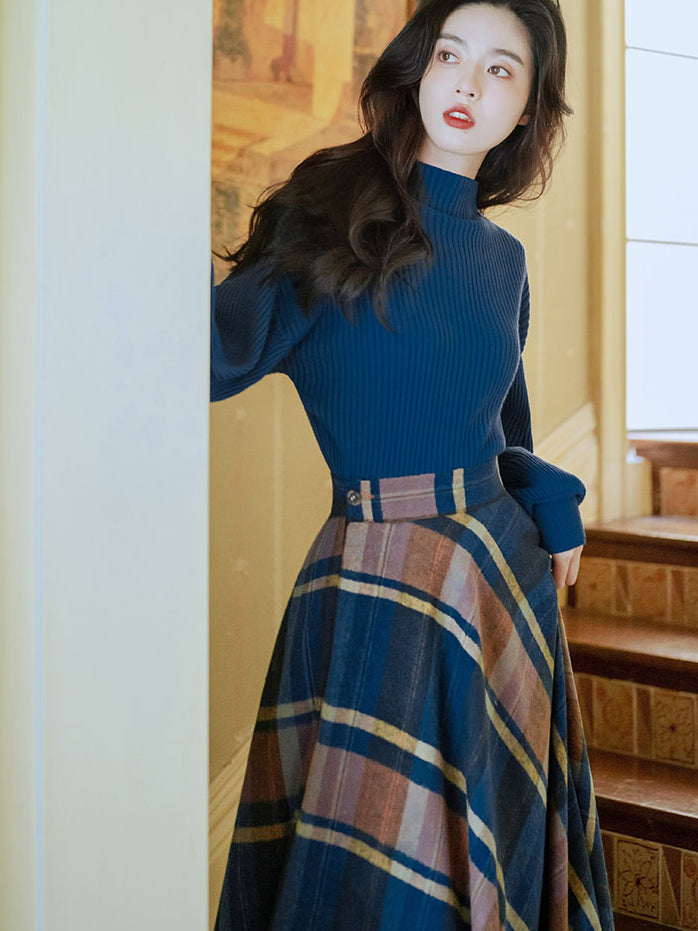 Indigo brown plaid retro skirt and high neck sweater