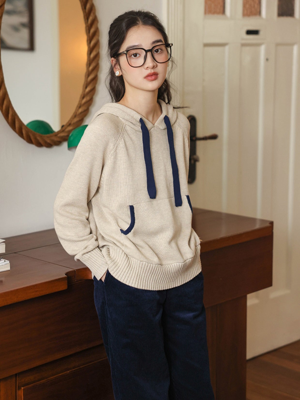 British girl's casual knit hoodie