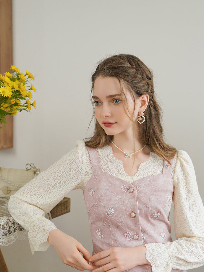 Baby pink rose embroidery denim strap dress and lace blouse – remulia