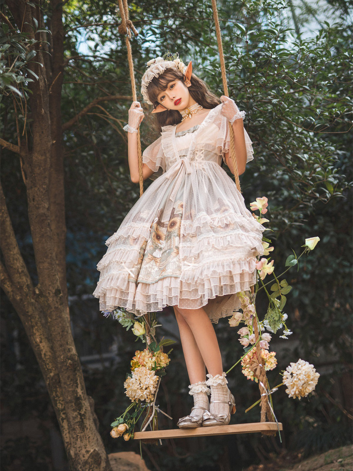 Garden sunflower jumper skirt ＆ polka dot ruffle veil – remulia