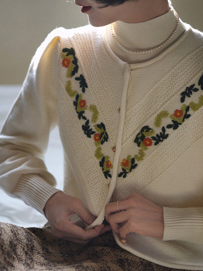 花草を編んだ刺繍ニットカーディガン