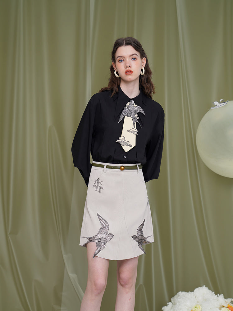 空の燕の刺繍ハーフスカート