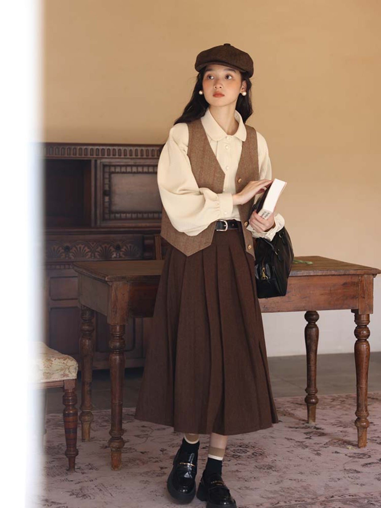 dark brown tweed pleated skirt