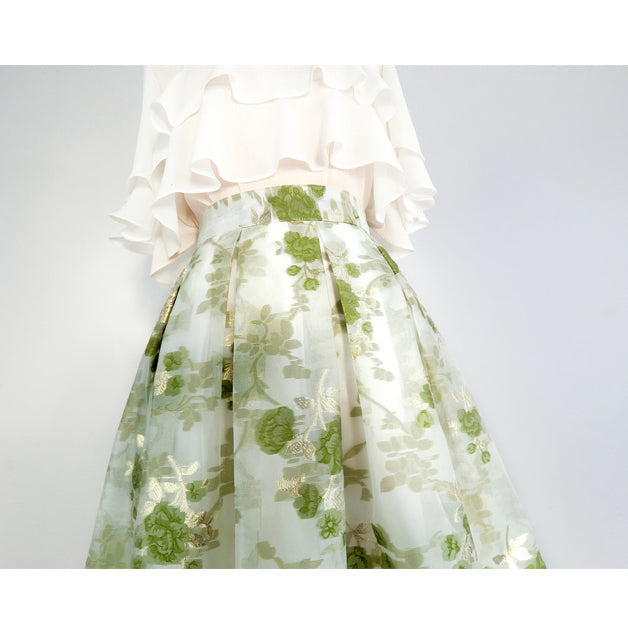 翠緑の花柄刺繍ヘップバーンスカート