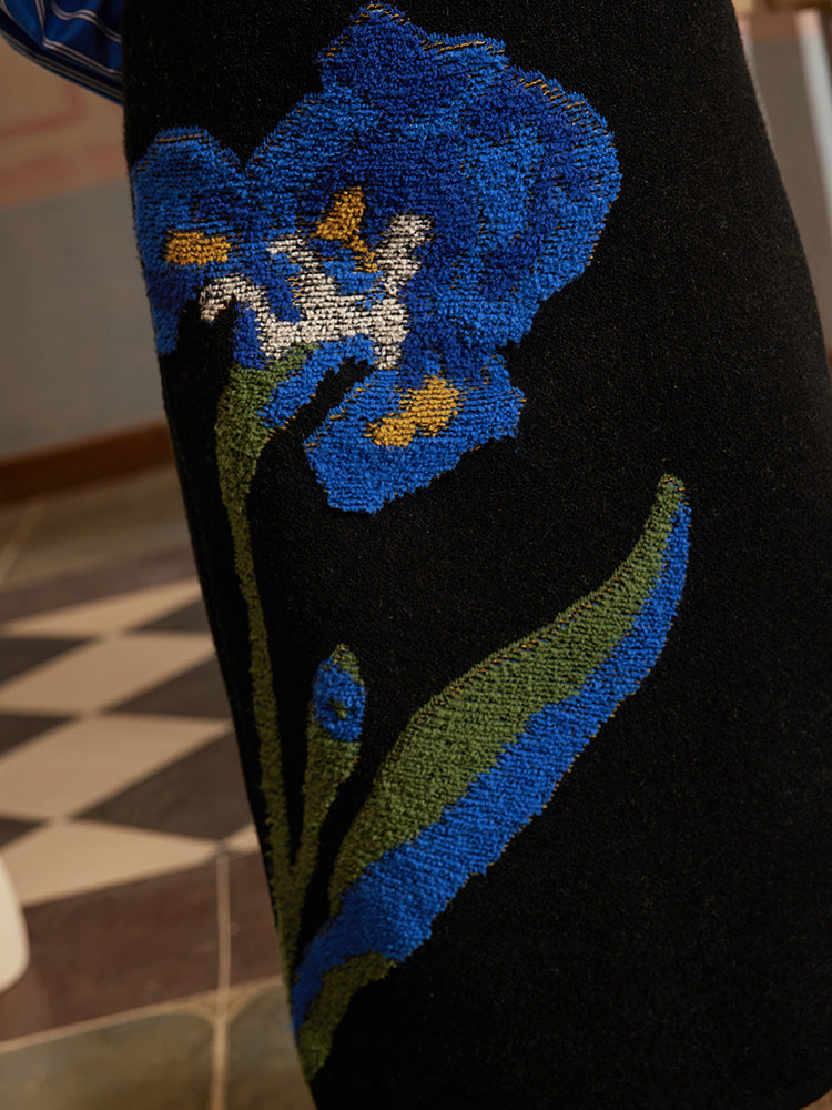 アイリスの花の刺繍ハーフニットスカート