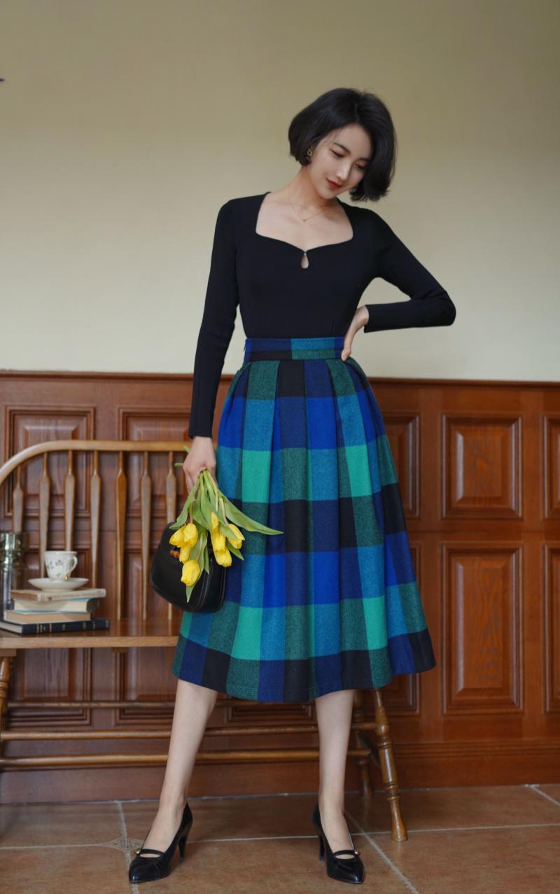 Indigo Green Plaid Retro Umbrella Skirt remulia