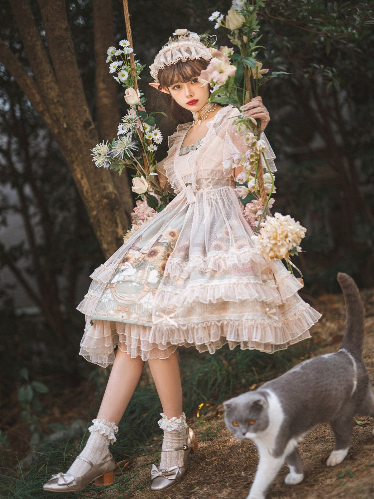 Garden sunflower jumper skirt ＆ polka dot ruffle veil – remulia