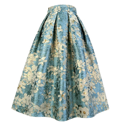 薄藍の花群集ヘップバーンスカート