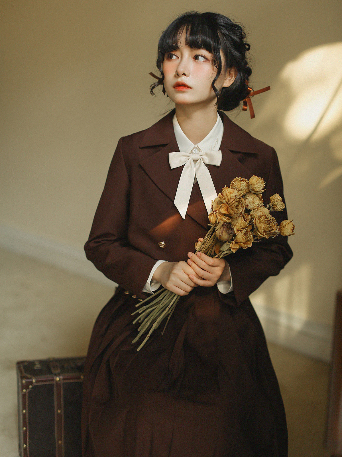 Dark brown literary girl classical jumper skirt ＆ short jacket ＆  blouse（予約商品：20日以内に発送）