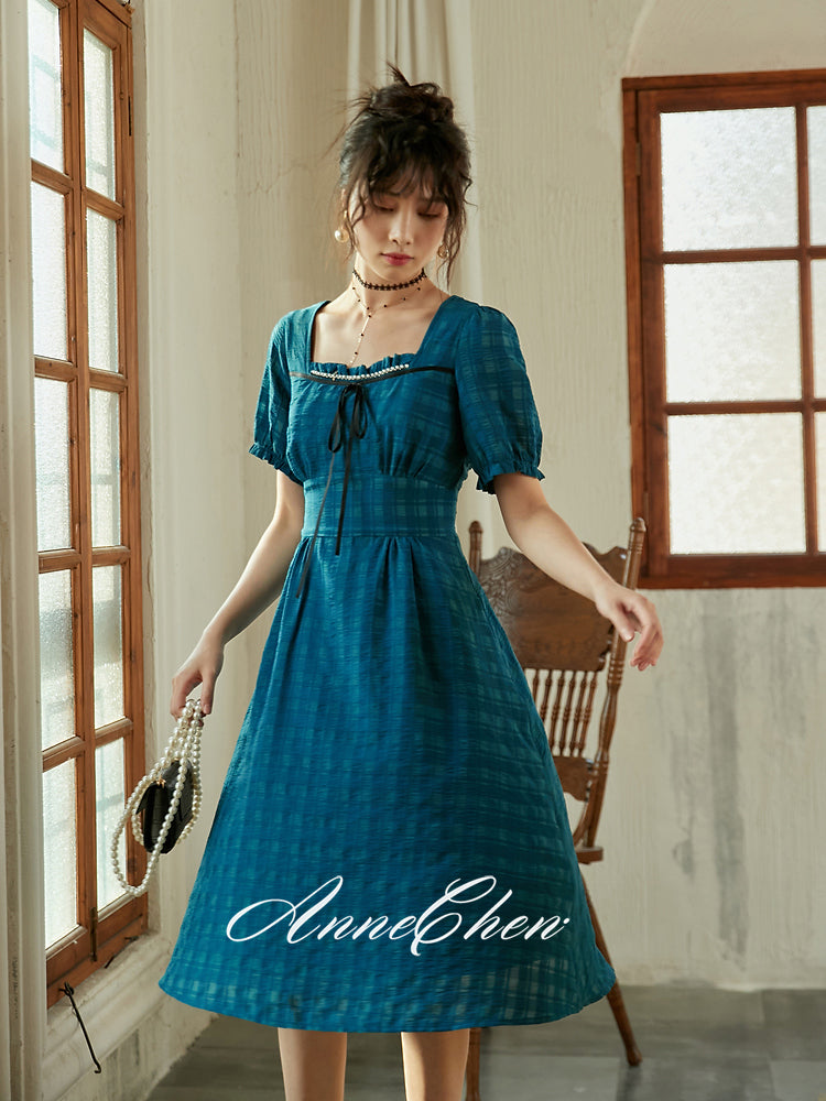 Peacock Blue Plaid Retro Dress remulia Peacock Blue Plaid Retro Dress remulia