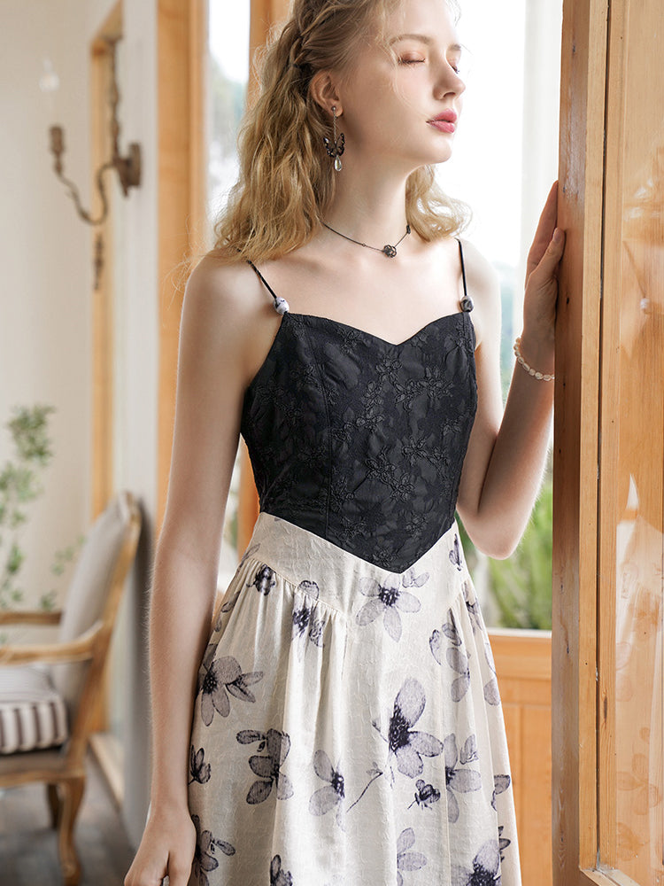 Ink painting flower pattern camisole dress and chiffon bolero