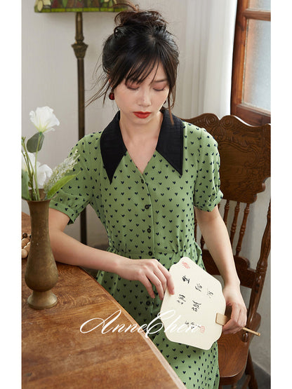 灰緑の水玉刺繍レトロワンピース