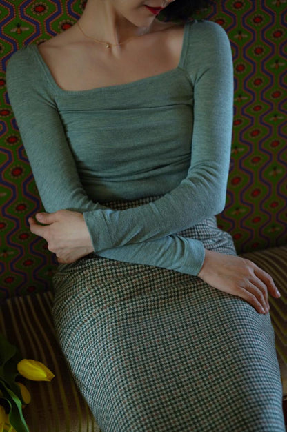 青緑の千鳥格子縞ツイードチューブスカート