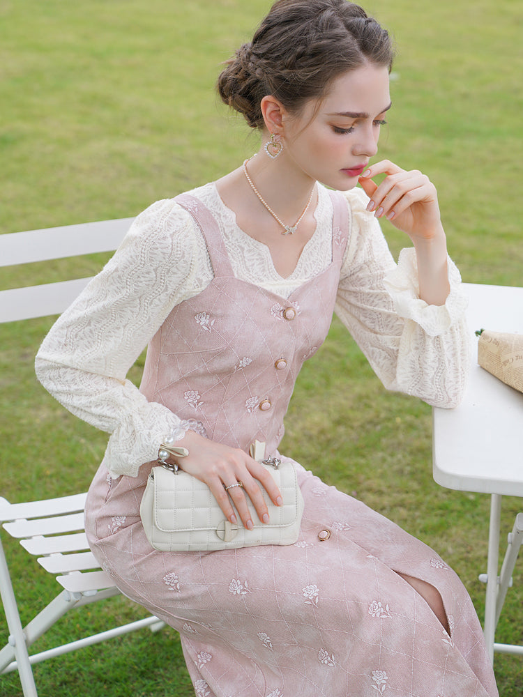 Baby pink rose embroidery denim strap dress and lace blouse