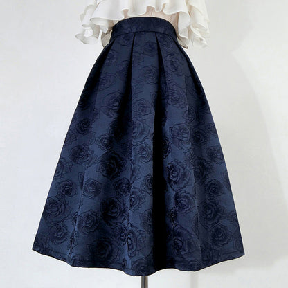 濃紺の薔薇柄ヘップバーンスカート