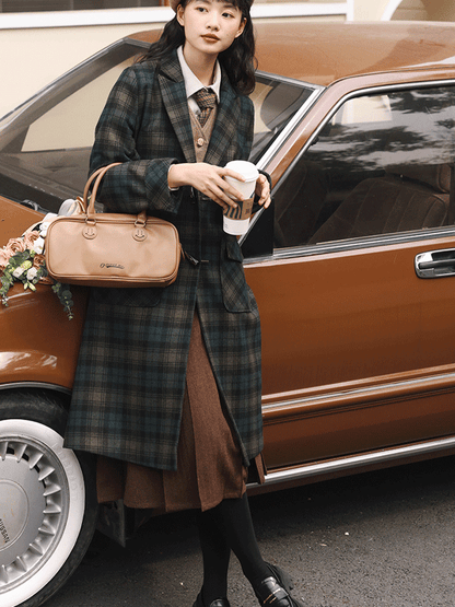 Dark green plaid retro wool coat