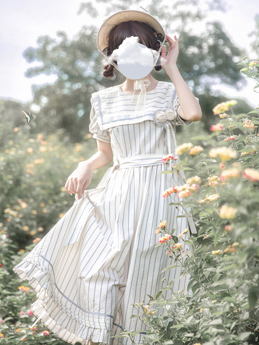 British Girl's Vertical Striped Sailor Dress（予約商品：30日以内に 