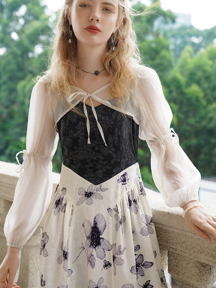 Ink painting flower pattern camisole dress and chiffon bolero