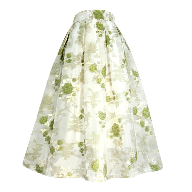翠緑の花柄刺繍ヘップバーンスカート