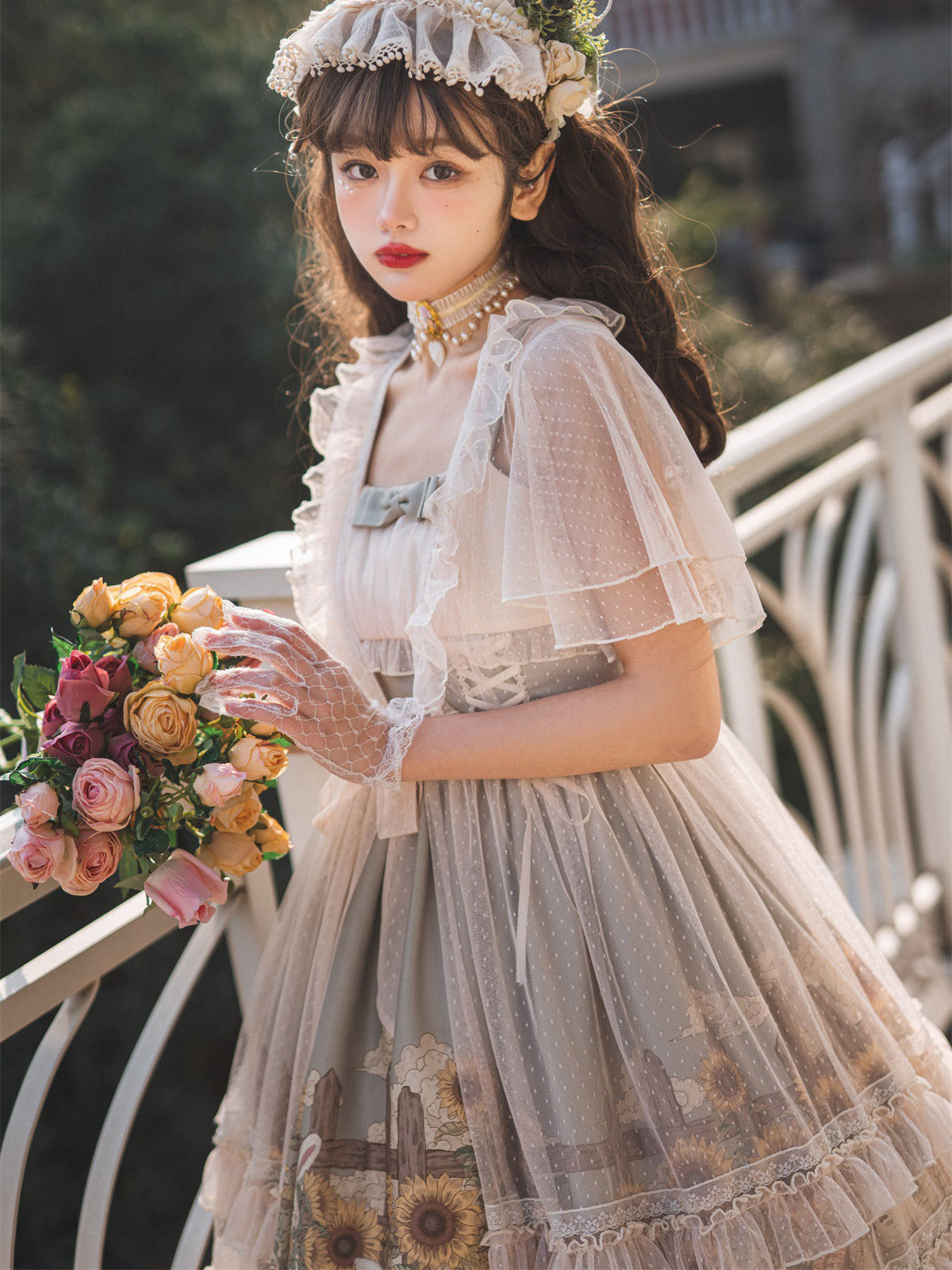 Garden sunflower jumper skirt ＆ polka dot ruffle veil – remulia