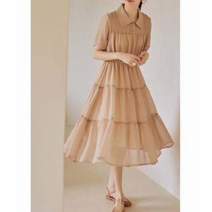 Light brown plaid French retro dress