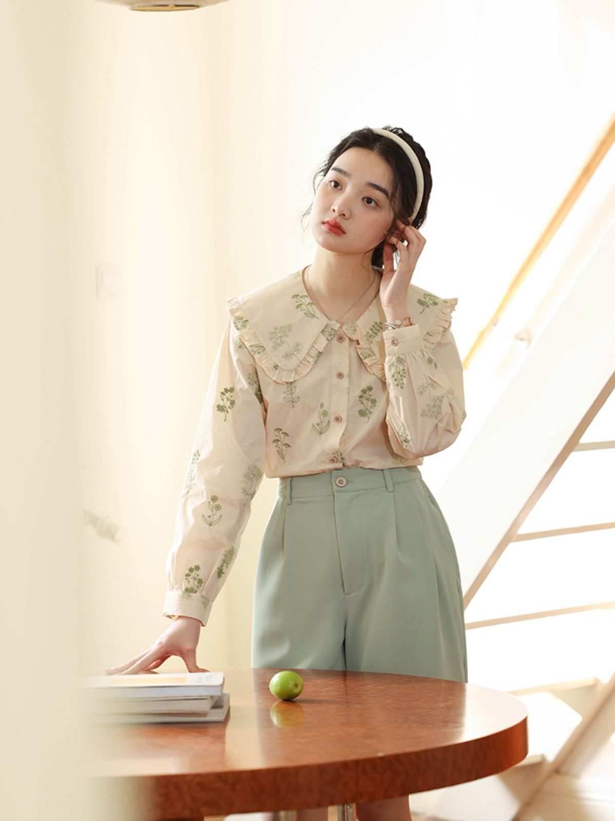 botanical embroidery French blouse