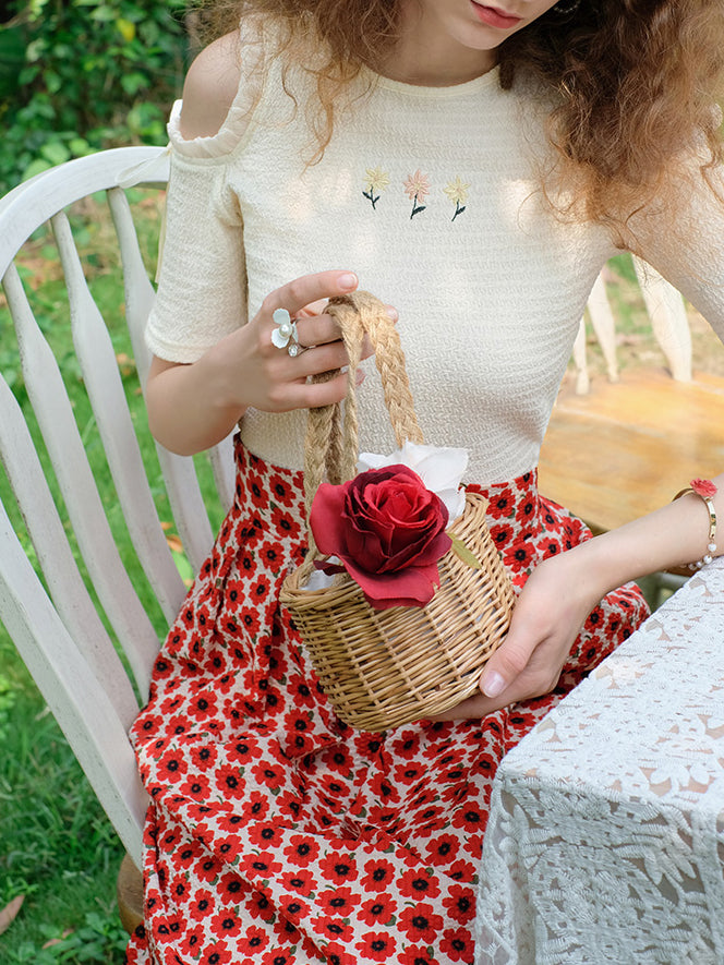 深紅の薔薇柄ハイウエストスカート