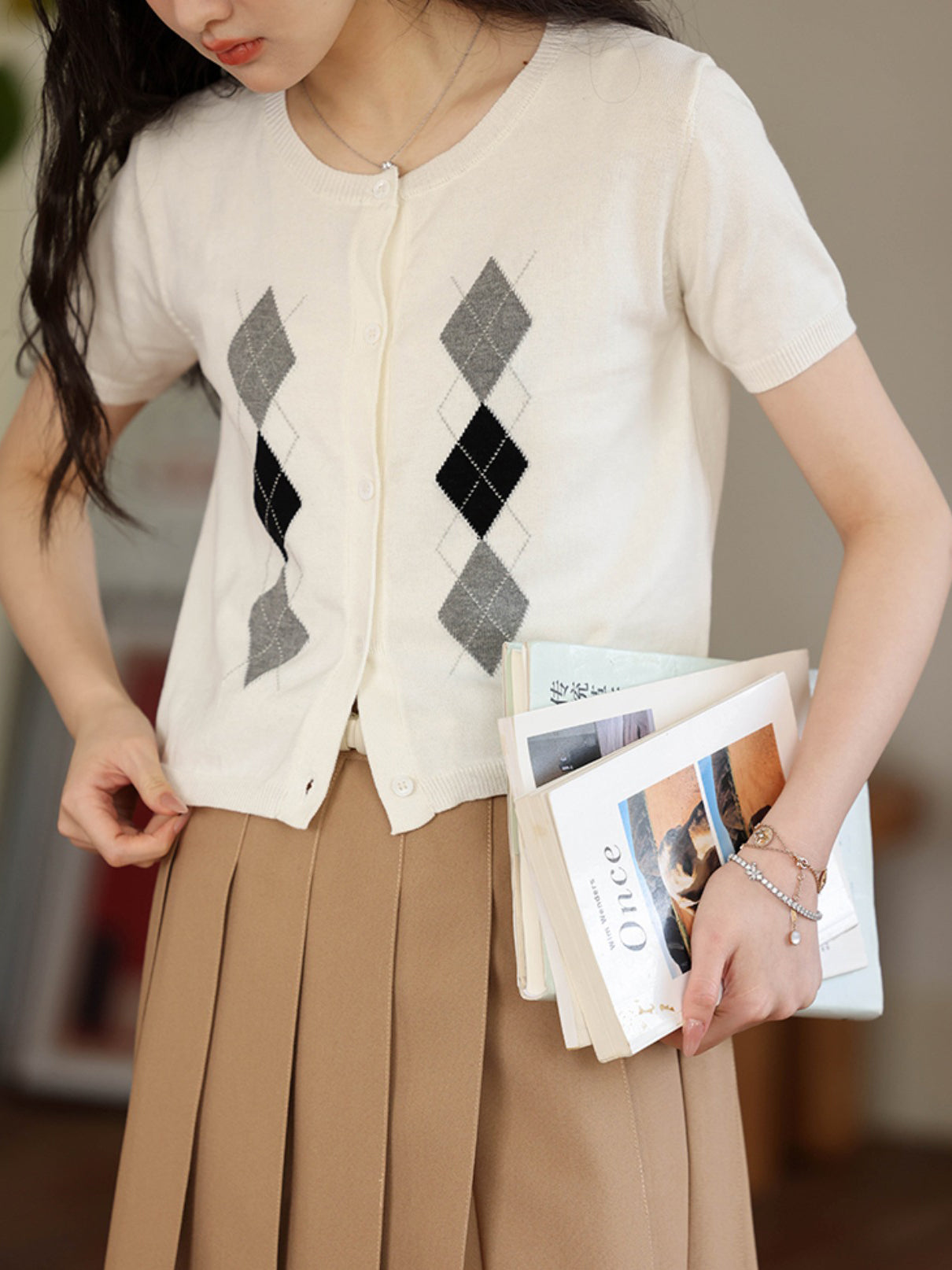 diamond lattice pattern Retro cardigan