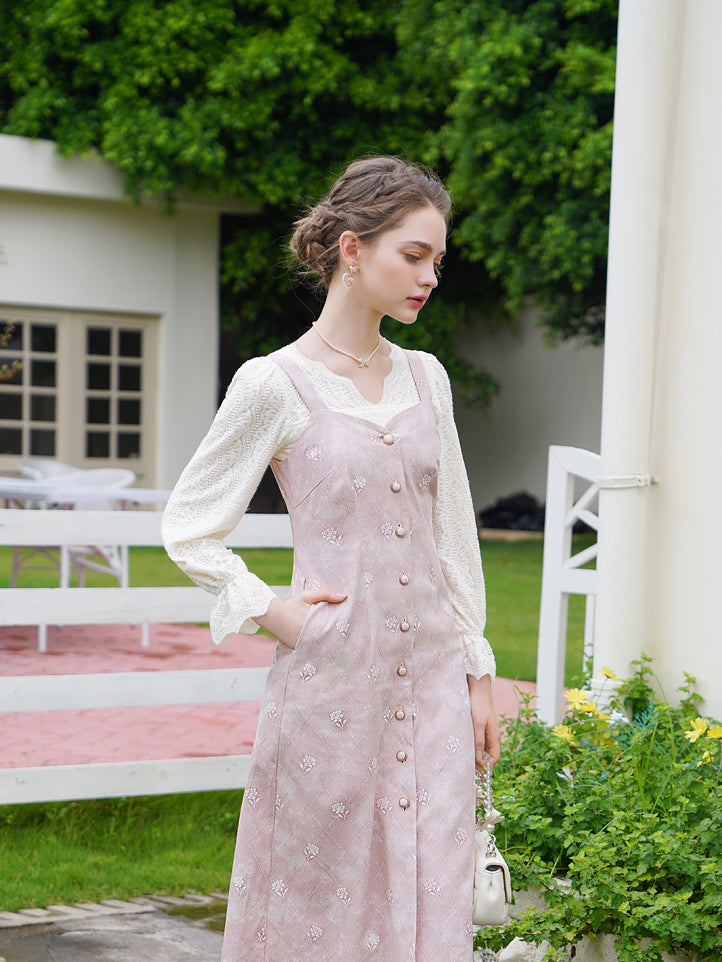 Baby pink rose embroidery denim strap dress and lace blouse