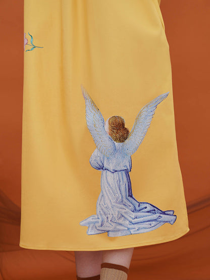 中世絵画の天使柄ロングワンピース