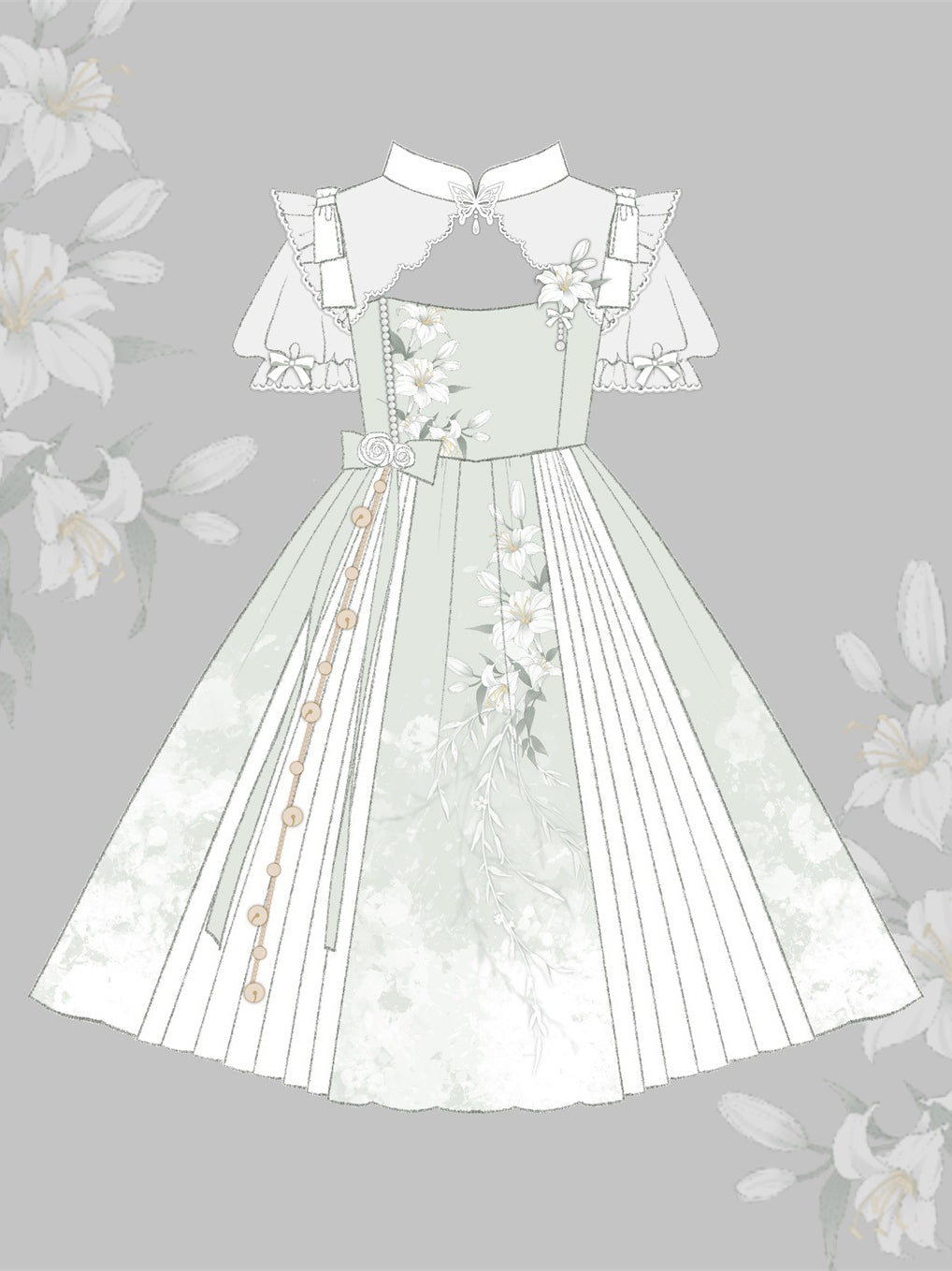 Light green lily flower jumper skirt ＆ short bolero
