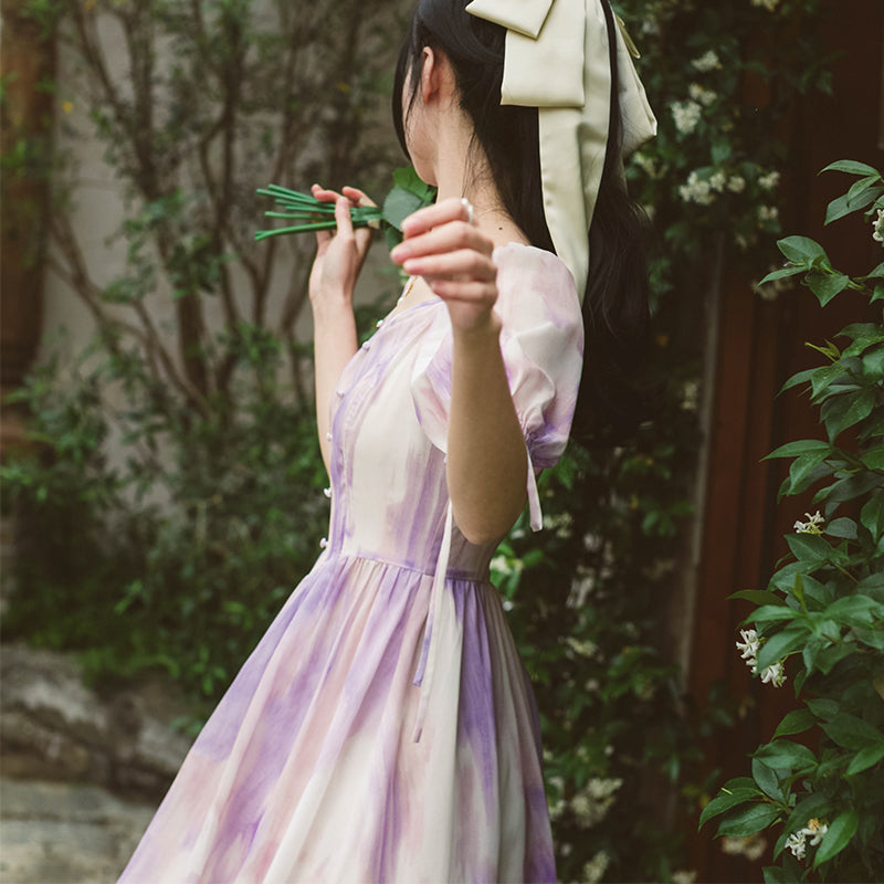 Wisteria purple bleeding pattern French retro dress remulia Wisteria purple bleeding pattern French retro dress remulia