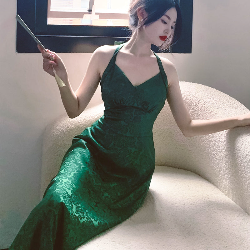 Dark green rose pattern elegant dress remulia Dark green rose pattern elegant dress remulia