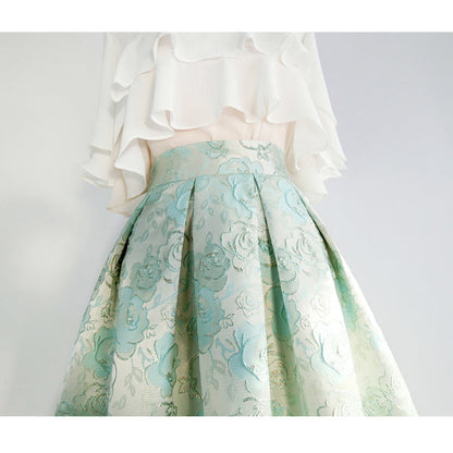 白緑の薔薇柄ヘップバーンスカート