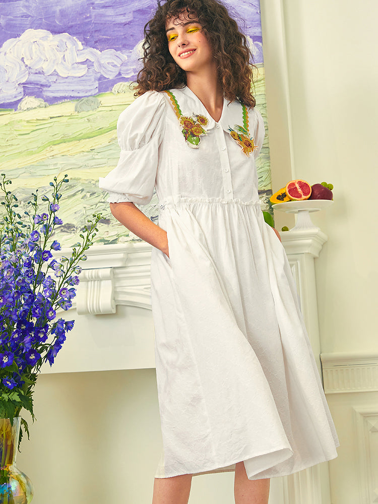 embroidered sunflower dress Sunflower Embroidered Striped Fit-And-Flare Dress In Cotton