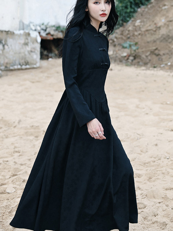cheongsam long black dress Chinese women long sleeve black high waist dress Cheongsam Qipao