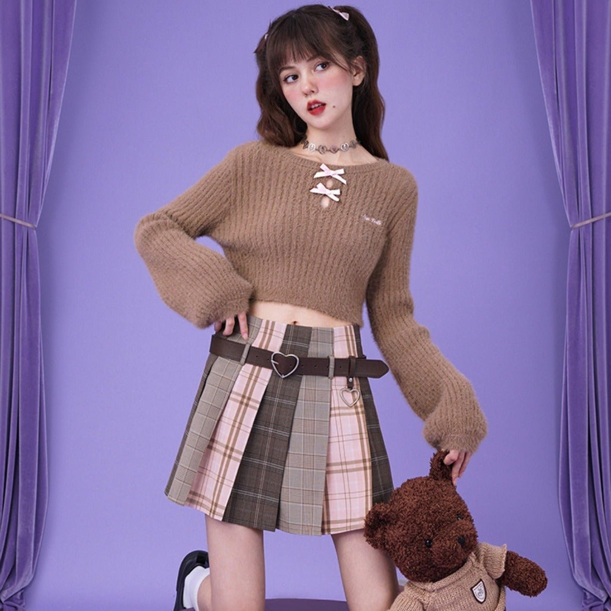 Pink coffee splicing plaid A-line pleated skirt